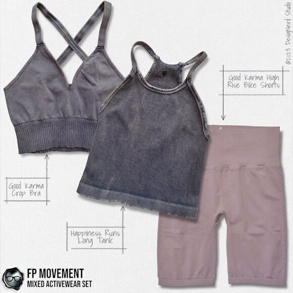 FP MOVEMENT SET: HAPPINESS RUNS LONG TANK + GOOD KARMA CROP BRA + BIKE SHORTS - Picture 1 of 16